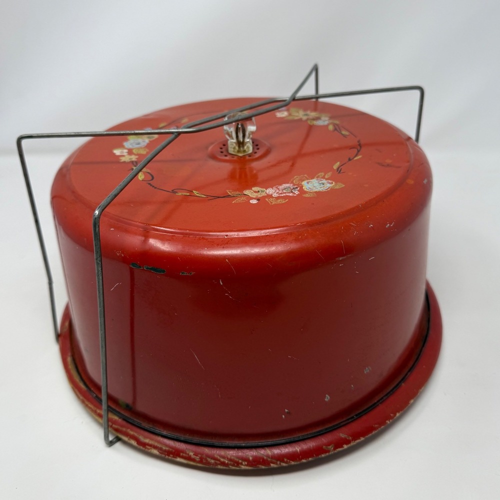 Vintage Red Metal Cake Carrier Floral Hand Painted 1950's farmhouse 12in